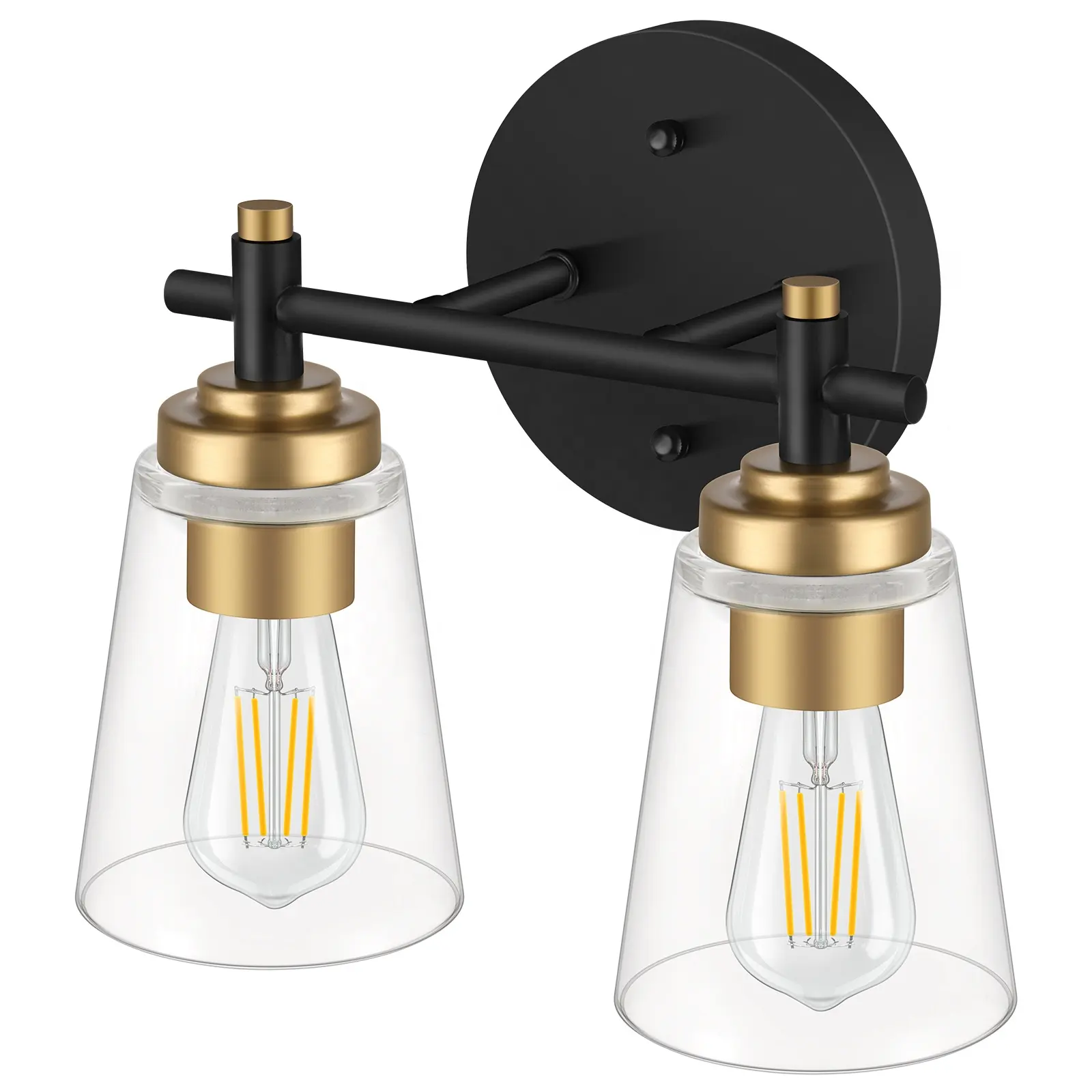 Luminária para banheiro com lâmpada de vidro, preto, dourado, 2 luzes de parede, sobre espelho, para parede, para decoração