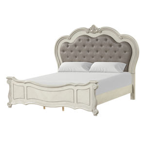 Lit de chambre à coucher élégant bicolore - Lit capitonné avec sculptures ornées, meubles de lit de style campagnard français - Product Image 1