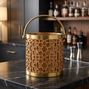 Aqdus Saleem - Cubitera Redonda Tradicional Hecha a Mano de Madera Mashrabiya con Asa de Latón Dorada 20x20x23 cm - Venta al por Mayor - Product Image 2