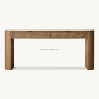Table console française en bois de chêne massif avec dessus en travertin turc et panneaux de canne tissés pour meubles de villa de maison ou d'hôtel