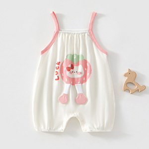 Combinaison à bretelles en coton pour bébé fille, combinaison d'été avec imprimé fraise, tissu fin pour nouveau-nés - Product Image 1