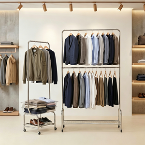 Double Rail Rolling Garment Rack With Wheels Heavy Duty Stainless Steel Clothes Hanging Stand For Retail Display Bedroom - Product Image 4