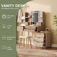 Coiffeuse avec miroir LED, 7 tiroirs, design cannelé, rangement pour bijoux et tabouret pour chambre à coucher
