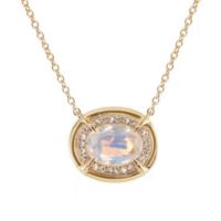 Collier pendentif en or jaune massif 14 carats avec opale naturelle, halo de diamants, opale d'Éthiopie taille ovale facettée