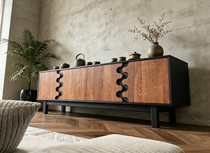 Modern Wave Cutout Wood TV <b>Stand</b>, 4-<b>Door</b> Media Console with Contrasting Finish for Living Room - Product Image 6