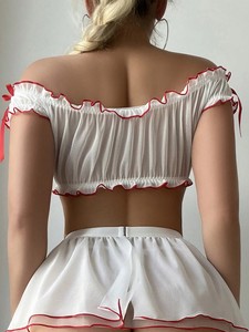 Ensemble de lingerie de cosplay d'infirmière en gros, haut court en maille transparente à épaules dénudées, mini-jupe et string, costume sexy pour femme pour jeu de rôle OEM ODM - Product Image 4