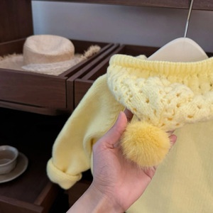 Tongxingyuan <b>Girls</b> Yellow Hooded Knitted <b>Cardigan</b> Thickening With Pom Poms Single Breasted Coat Outwear - Product Image 2