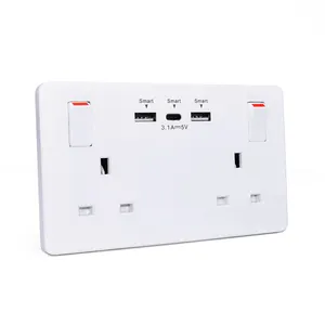 Leishen 5V/3.1A UK Standard 2 USBA+Type-C Double Switched USB Wall Socket 2 AC Outlet British Socket Switched Multi Power Outlet