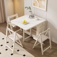 Ensemble table à manger à plateau rabattable avec 4 chaises pliantes, plateau en marbre, structure en bois massif, rangement crème pour petite salle à manger