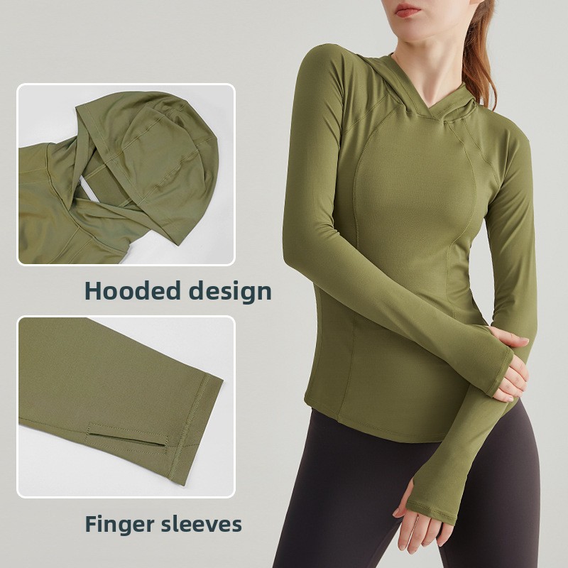 Spring Hooded Yoga Top Long Sleeve Women's Sports Running Blouse Quick-drying Spandex/Polyester Slim-fit Fitness Clothes