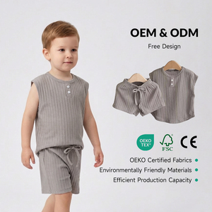 Ensemble de vêtements d'été pour enfants OEM ODM, ensemble de vêtements pour bébé garçon, veste et pantalon de couleur unie, 2 pièces - Product Image 1