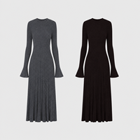 Robe en maille côtelée noire pour femme, col roulé, manches longues, longueur midi, marque privée, vente en gros