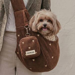 Sac de transport pour animaux de compagnie en velours côtelé brodé cœur, personnalisé OEM, avec laisse, pour chien, mains libres, petit sac de voyage pour chat, sac de promenade - Product Image 2