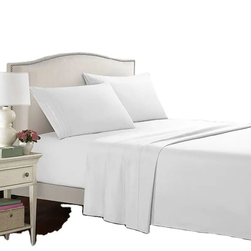 ملاءة سرير بيضاء فاخرة بتصميم عادي ومطرز كوين كينج للفنادق ، غطاء لحاف ، طقم مفارش سرير ساتين