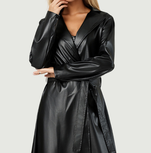 Vestido Maxi Negro <span class=keywords><strong>de</strong></span> PU para <span class=keywords><strong>Mujer</strong></span> con Solapa, Ajuste Holgado, Chaqueta Elegante Casual <span class=keywords><strong>de</strong></span> Otoño, <span class=keywords><strong>Cortavientos</strong></span> Maxi Holgado - Product Image 2