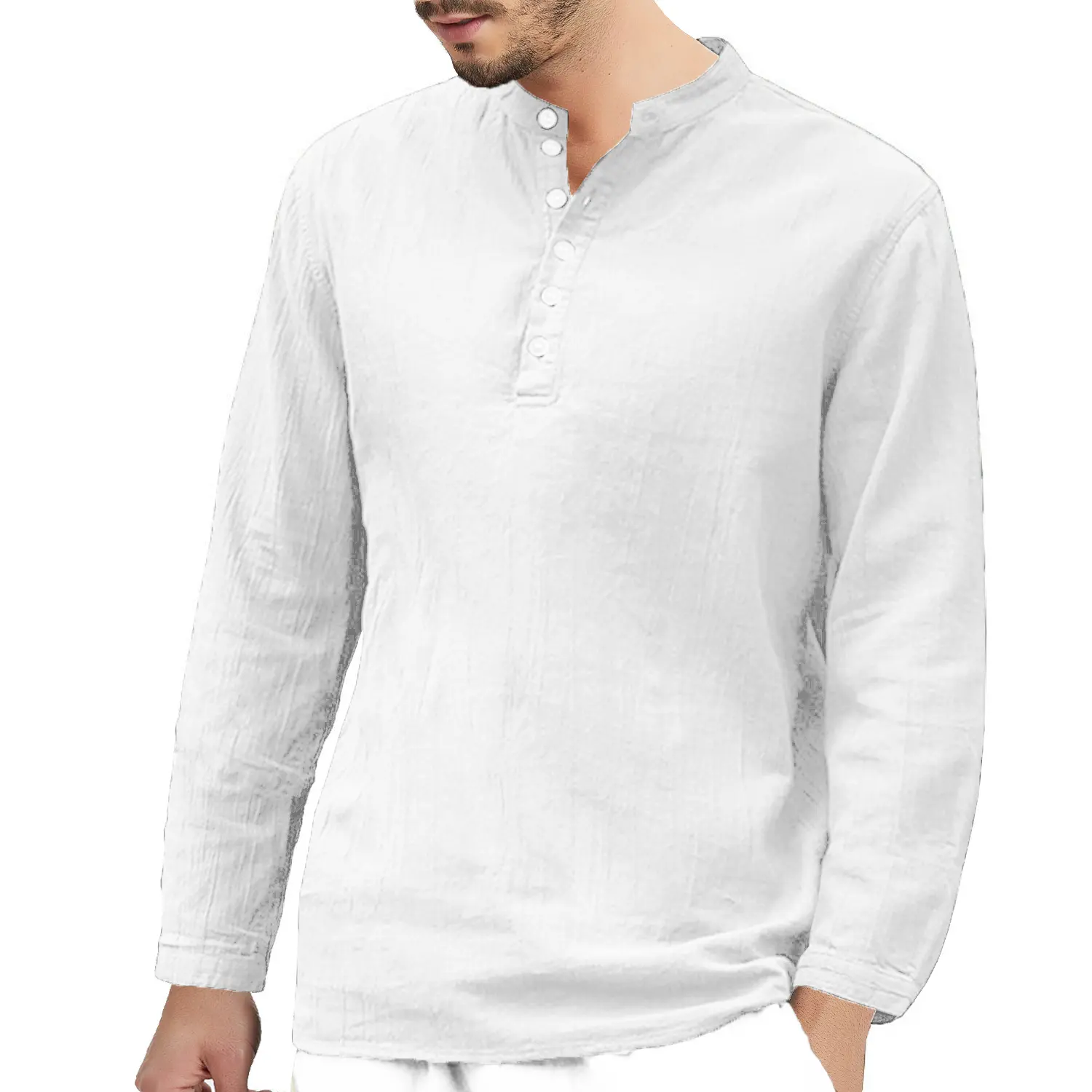 Baju Pria Lengan Panjang Kualitas Tinggi, Kemeja Polo Putih, Baju Katun Rami Tanpa Kerah