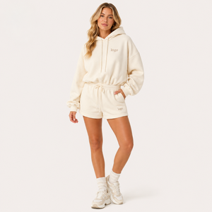 Ensemble court à capuche oversize pour femme en molleton OEKO-TEX, fabrication OEM, logo personnalisé, vêtements décontractés, vente en gros - Product Image 1