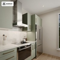 Meuble de cuisine de luxe avec portes en thermofoil PVC, aménagement moderne en îlot, boîtes de rangement en contreplaqué et tiroirs à fermeture amortie