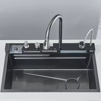 Évier de cuisine en acier inoxydable 304 à cuve unique grande taille, design moderne, robinet à affichage numérique, multifonction, cascade tactile 5