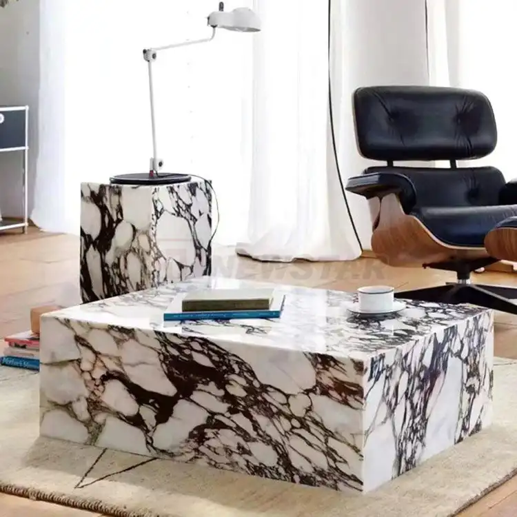 โต๊ะกาแฟหินอ่อนสีขาวโต๊ะ Sehpa De Salon หินธรรมชาติ Luxe Cubic Table Pour Salon Calacatta