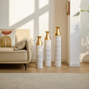 Set di 3 vasi da terra in metallo bianco e oro, decorazioni per la casa, 24 pollici, 28,7 pollici, 33,5 pollici - Product Image 2