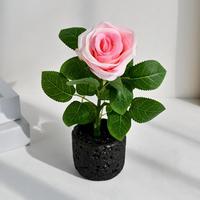 Rose artificielle en pot, fleur de rose artificielle unique avec pot noir, décoration de table, bonsaï pour la maison