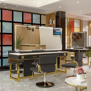 Muebles de Salón Modernos de Metal Dorado Resistente con Espejo para Peluquería, Lámpara LED, <span class=keywords><strong>Imagen</strong></span> de Alta Definición y Múltiples Espacios de Almacenamiento - Product Image 2