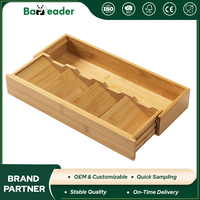 Organisateur d'ustensiles en bambou extensible personnalisé, 5 compartiments, plateau à couverts en bois naturel, rangement pour tiroir de cuisine avec séparateur