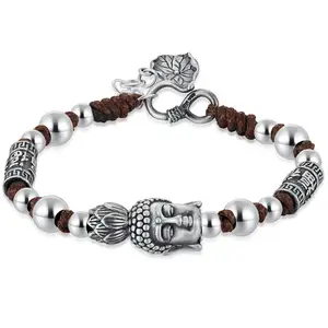 Sterling Silver 999 Buddha Head Handmade Rope Woven Bracelet Vintage Lotus Ethnic Style Sterling Silver Beads Bracelet Jewelry