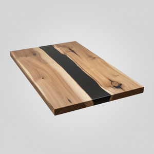 Table à manger moderne de luxe en bois massif avec bord naturel et pieds en fer avec résine époxy noire, pliable pour usage hôtelier - Product Image 1