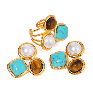 Geometric <b>Ring</b> <b>Set</b> With Pearl Turquoise Tiger Eye <b>Gold</b> Plated Bezel Setting Fashion Jewelry Gift - Product Image 1