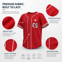 Maillot de baseball personnalisé à boutons, uniforme d'équipe rouge, broderie sublimée, fabricant OEM ODM, faible MOQ, vente en gros, prêt à expédier