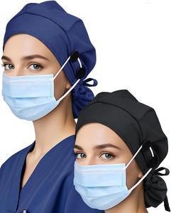 Bonnets de travail classiques en satin doublé pour femmes, avec ouverture pour queue de cheval, en coton, avec boutons, bandeau anti-transpiration et attache élastique, pour infirmières chirurgicales - Product Image 2