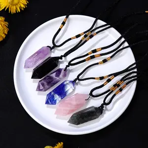 Healing Stones Necklace Amethyst Healing Crystal Pendant Double Pointed Natural Crystal Quartz Citrine Necklace 6 Faceted Chakra Crystal Wand Stone