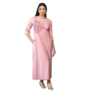 Vestido Maxi de Lino Rosa Pálido Elegante de Primera Calidad con Bordado Floral, Informal para Mujer - Product Image 2