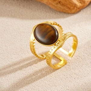 Elegant Court Style Wide Opening Adjustable Oval Tiger Eye Stone Gold Plated Ring Unisex Party Jewelry - Product Image 2