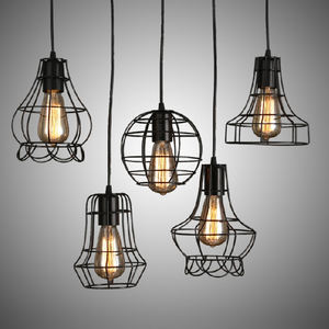 Lampada a sospensione a gabbia in ferro industriale nero Vintage a 5 forme diverse per ristorante - Product Image 1