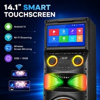 Enceinte de fête intelligente Android 14 à écran tactile sur chariot, double woofers de 12 pouces, microphones sans fil, alimentée par batterie pour karaoké extérieur