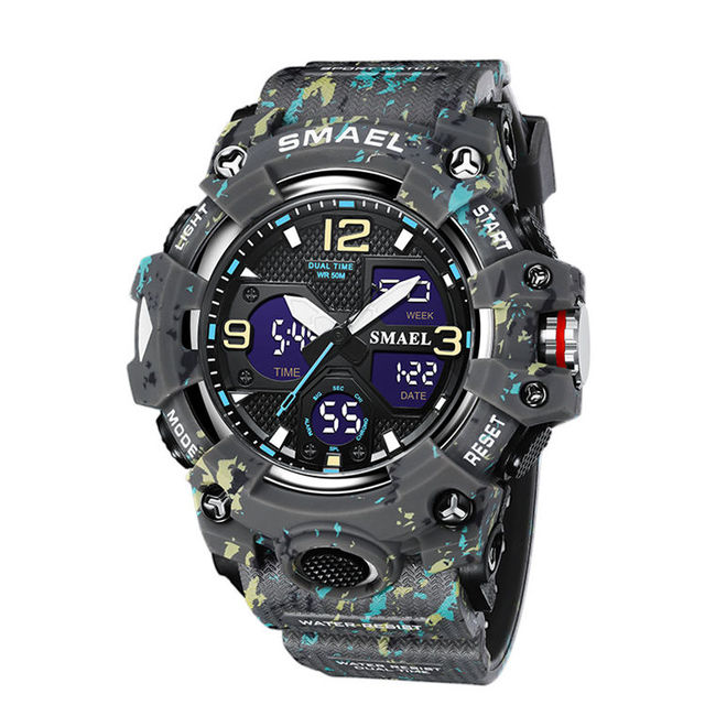SMAEL Camouflage 8008 NEW Men Watches Sport Dual Time Style 50M Waterproof Clock Alarm Stopwatch Quartz Wristwatches for Men