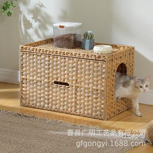 Woven Cat <b>House</b> With Litter Box Storage Rectangle Pet <b>Bed</b> Multifunctional For Cat Medium Size - Product Image 2