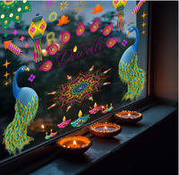 Festival des Lumières Deepavali : Joyeux Diwali, Lanternes Paon et Ganesha, Diya, Rangoli, Autocollants Muraux et de Fenêtre, Décorations et Symboles Hindous