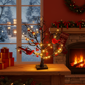 Albero Luminoso Vintage da 21 Pollici con Cardinali, Alberi Scintillanti a Batteria, Lampada con Rami Illuminati per Feste - Product Image 3