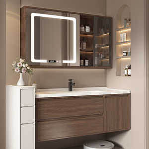 Meuble-lavabo moderne en bois grainé avec armoire miroir LED, certifié CE, mural, étanche - Product Image 3