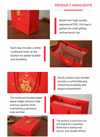 Sacs cadeaux en papier rouge pour le Nouvel An chinois, impression offset classique, dorure à chaud, cordon de serrage, ruban, biodégradables, recyclables