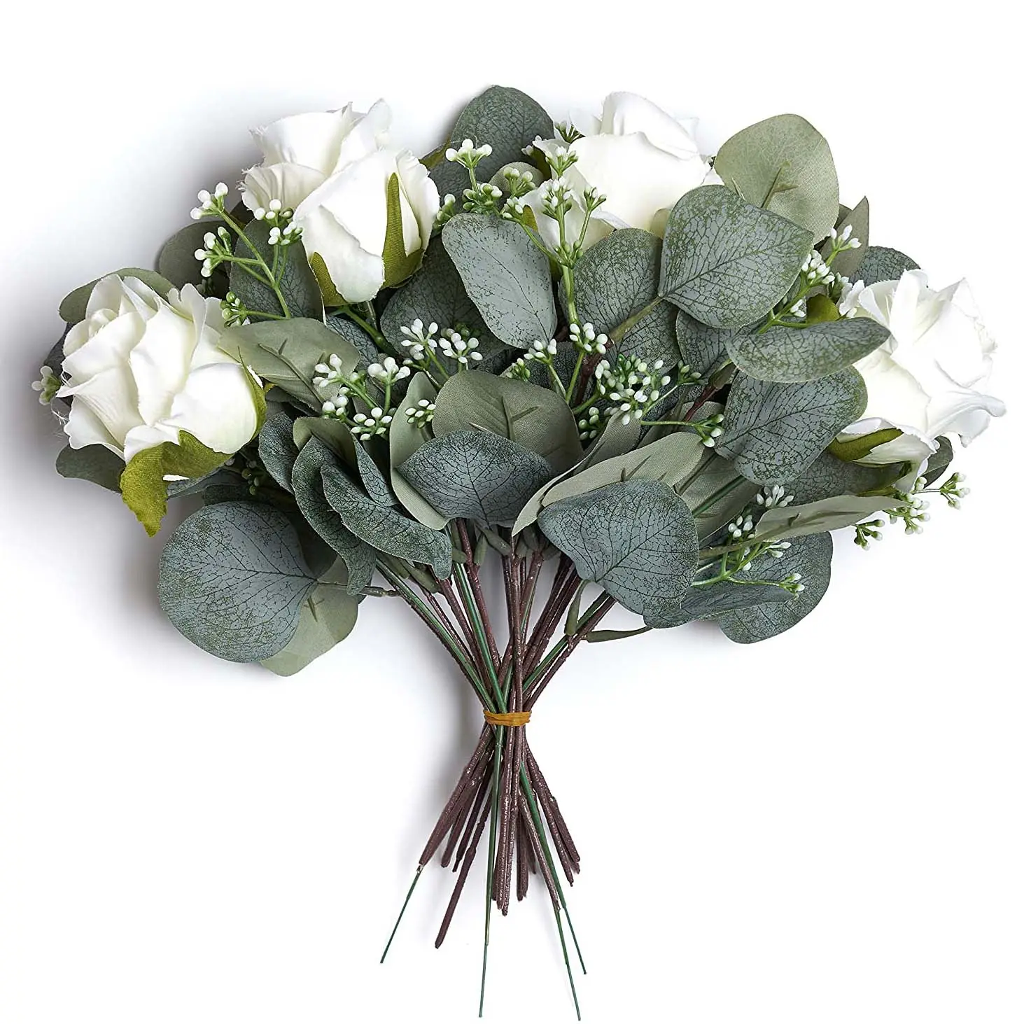 人工の種のユーカリは、灰色のフェイクシルバー植物の結婚式SFA10000238の白いバラのブーケで茎を緑に残します