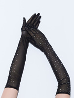 A645 Gants de mariée rétro à long point en diamant Transparent Noir Gants de mariage en maille pour femmes Nouveaux gants à doigts fendus