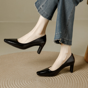 Elegant Women's <b>Pointed</b> <b>Toe</b> Pumps Genuine Leather Slip-On Ankle Strap Heels Black Summer Autumn Comfort Rhinestone High Heeled - Product Image 1