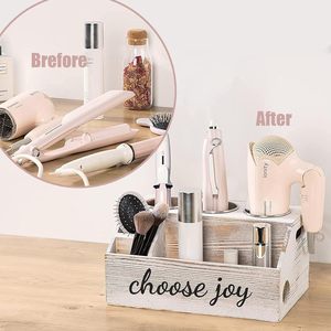 Caja de almacenamiento de madera para secador de pelo, organizador de cosméticos rectangular, estante de baño sin tapa, color sólido - Product Image 2