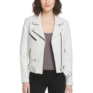 White Real Leather Biker <b>Jacket</b> Wide Notch Lapel Zipper Pocket Fitted Modern Female Streetwear Outerwear Leather <b>Jackets</b> - Product Image 3
