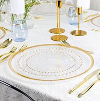 Assiettes en plastique transparentes avec perles dorées, 13 pouces, rondes, blanches, sous-assiettes, vaisselle jetable en vrac pour la location d'événements